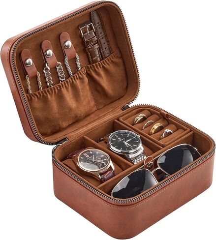 ProCase Travel Watch Case, 3 Slots Leather Mens Jewelry Box, Portable Watches Cufflinks Accessories Storage Case, Zippered Carrying Organizer Bag for Man -Black in Kuwait