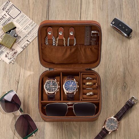 ProCase Travel Watch Case, 3 Slots Leather Mens Jewelry Box, Portable Watches Cufflinks Accessories Storage Case, Zippered Carrying Organizer Bag for Man -Black in Kuwait