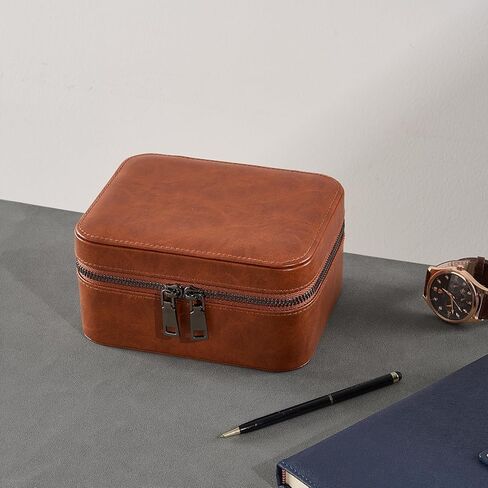 ProCase Travel Watch Case, 3 Slots Leather Mens Jewelry Box, Portable Watches Cufflinks Accessories Storage Case, Zippered Carrying Organizer Bag for Man -Black in Kuwait