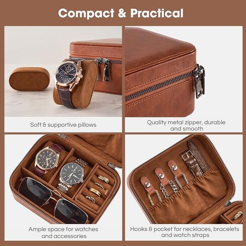 ProCase Travel Watch Case, 3 Slots Leather Mens Jewelry Box, Portable Watches Cufflinks Accessories Storage Case, Zippered Carrying Organizer Bag for Man -Black in Kuwait