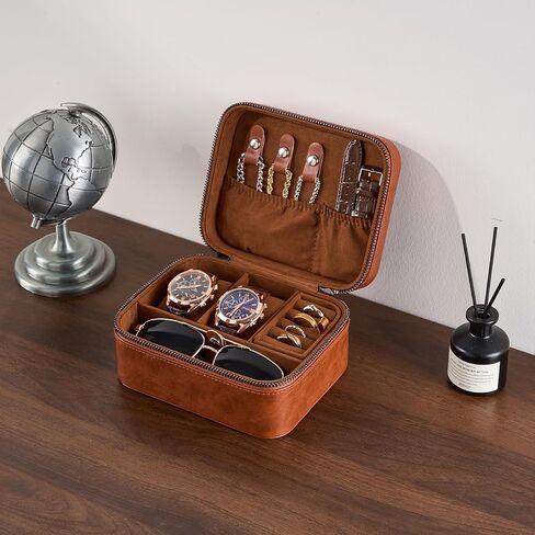 ProCase Travel Watch Case, 3 Slots Leather Mens Jewelry Box, Portable Watches Cufflinks Accessories Storage Case, Zippered Carrying Organizer Bag for Man -Black in Kuwait