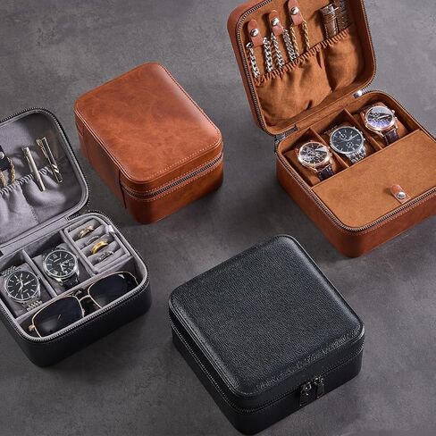 ProCase Travel Watch Case, 3 Slots Leather Mens Jewelry Box, Portable Watches Cufflinks Accessories Storage Case, Zippered Carrying Organizer Bag for Man -Black in Kuwait