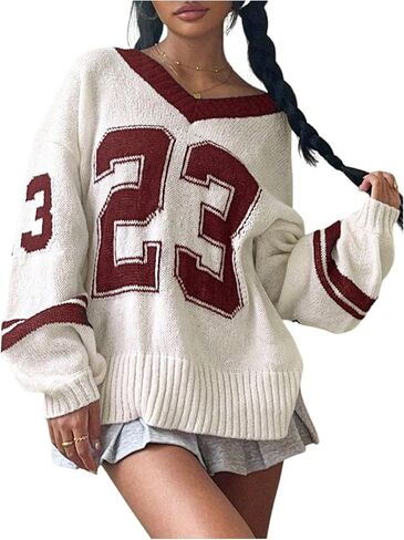 Women's Y2K Sweaters Letter Print Oversized Sweaters Long Sleeve V Neck Pullover Sweater Jumper Top Knit Jersey Shirt in Kuwait