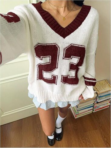 Women's Y2K Sweaters Letter Print Oversized Sweaters Long Sleeve V Neck Pullover Sweater Jumper Top Knit Jersey Shirt in Kuwait