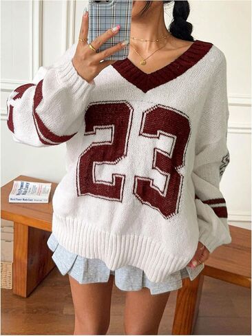 Women's Y2K Sweaters Letter Print Oversized Sweaters Long Sleeve V Neck Pullover Sweater Jumper Top Knit Jersey Shirt in Kuwait