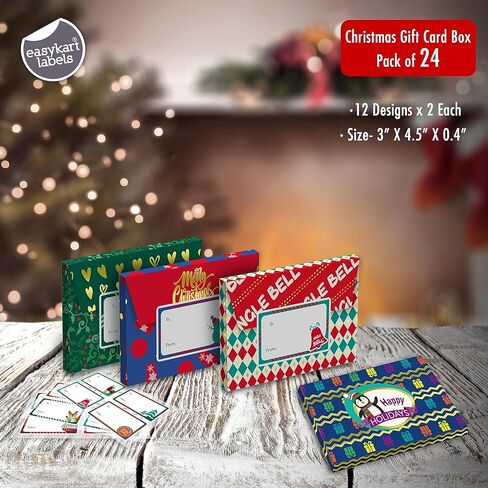 easykart labels 24 Christmas Gift Card Holder with Name Stickers, Present Boxes Gift Card Holder Box Gift Wrapping Envelopes Gift Wrap Boxes with Ribbon a Tags for Holiday (12 Designs x 2 Each) in Kuwait