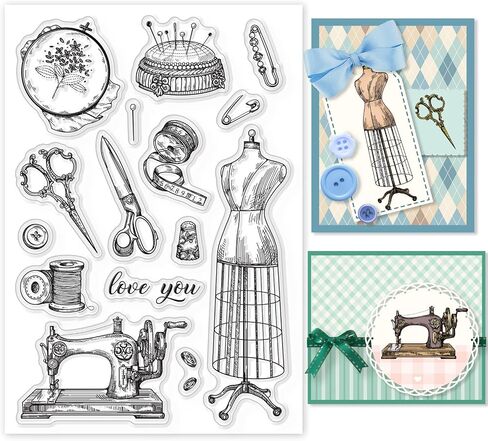GLOBLELAND Vintage Clear Stamps Transparent Silicone Stamp Sewing Machine Wool Tape Measure Cloth Skirt for Card Making Decoration and DIY Scrapbooking in Saudi Arabia