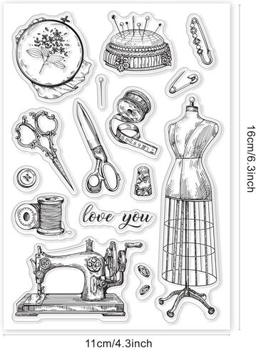 GLOBLELAND Vintage Clear Stamps Transparent Silicone Stamp Sewing Machine Wool Tape Measure Cloth Skirt for Card Making Decoration and DIY Scrapbooking in Saudi Arabia