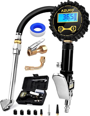AZUNO Heavy Duty Digital Tire Pressure Gauge, Tire Inflator Gauge 255PSI Air Chuck Air Compressor Attachments, with Steel Braided Hose, Quick Connect Coupler&Carrying Case, for Truck/Car/SUV/RV/Bike in Saudi Arabia