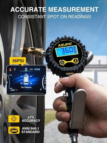 AZUNO Heavy Duty Digital Tire Pressure Gauge, Tire Inflator Gauge 255PSI Air Chuck Air Compressor Attachments, with Steel Braided Hose, Quick Connect Coupler&Carrying Case, for Truck/Car/SUV/RV/Bike in Saudi Arabia