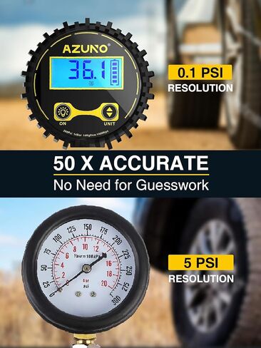 AZUNO Heavy Duty Digital Tire Pressure Gauge, Tire Inflator Gauge 255PSI Air Chuck Air Compressor Attachments, with Steel Braided Hose, Quick Connect Coupler&Carrying Case, for Truck/Car/SUV/RV/Bike in Saudi Arabia