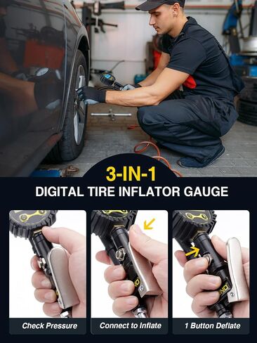 AZUNO Heavy Duty Digital Tire Pressure Gauge, Tire Inflator Gauge 255PSI Air Chuck Air Compressor Attachments, with Steel Braided Hose, Quick Connect Coupler&Carrying Case, for Truck/Car/SUV/RV/Bike in Saudi Arabia