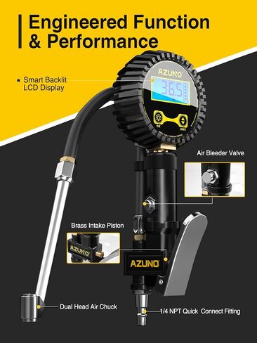 AZUNO Heavy Duty Digital Tire Pressure Gauge, Tire Inflator Gauge 255PSI Air Chuck Air Compressor Attachments, with Steel Braided Hose, Quick Connect Coupler&Carrying Case, for Truck/Car/SUV/RV/Bike in Saudi Arabia