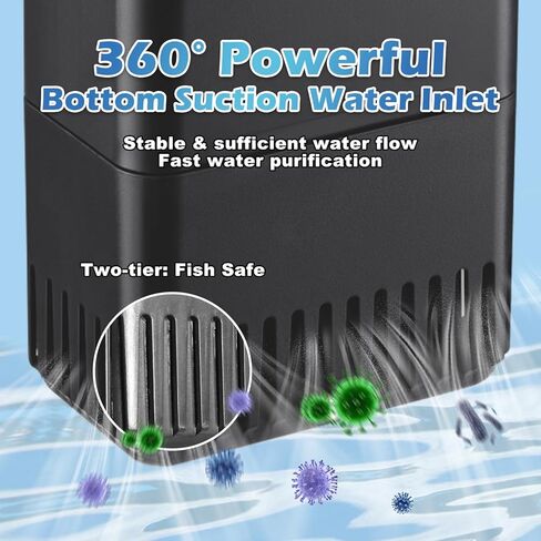 Turtle Tank Filter Aquarium Filter w/ Detachable U-V Light for 30-75Gal, Waterfall Flow Adjustable Low Water Level Internal Green Clean Machine Killing Deodorization Saltwater Freshwater Crystal Clear in Kuwait