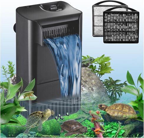 Turtle Tank Filter Aquarium Filter w/ Detachable U-V Light for 30-75Gal, Waterfall Flow Adjustable Low Water Level Internal Green Clean Machine Killing Deodorization Saltwater Freshwater Crystal Clear in Kuwait