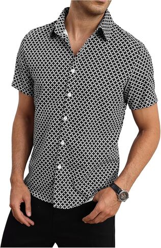 OYOANGLE Men's Button Down Short Sleeve Shirt Geo Print Collared Summer Dress Shirts in Saudi Arabia