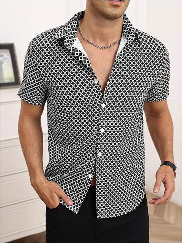 OYOANGLE Men's Button Down Short Sleeve Shirt Geo Print Collared Summer Dress Shirts in Saudi Arabia