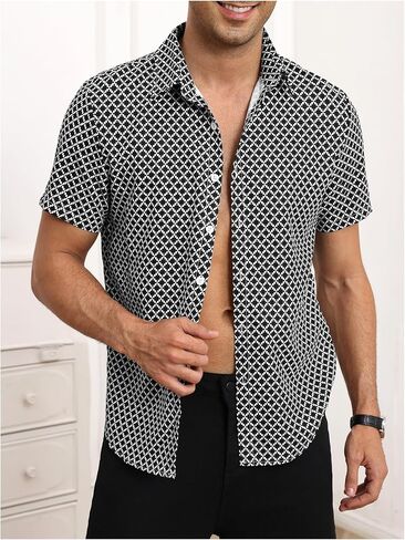 OYOANGLE Men's Button Down Short Sleeve Shirt Geo Print Collared Summer Dress Shirts in Saudi Arabia