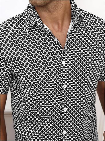 OYOANGLE Men's Button Down Short Sleeve Shirt Geo Print Collared Summer Dress Shirts in Saudi Arabia