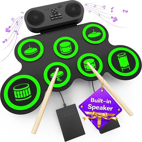 Electric Drum Set Built-in Speaker, Kids Electronic Drum Practice Pad Kit, Portable Roll Up Drum Machine with 2 Foot Pedals, Drumsticks, Great Birthday for Girls Boys in Kuwait