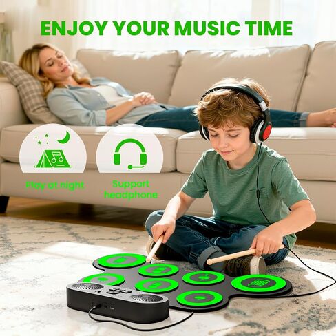 Electric Drum Set Built-in Speaker, Kids Electronic Drum Practice Pad Kit, Portable Roll Up Drum Machine with 2 Foot Pedals, Drumsticks, Great Birthday for Girls Boys in Kuwait