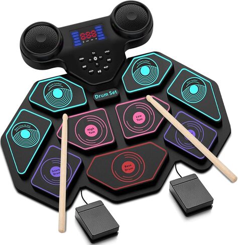 Electronic Drum Set - YUOIOYU Electric Drum Set Roll Up Portable Drum Kit MIDI Practice Drum Pad with Dual Built-in Speaker, Drum Sticks and Pedals, Christmas Birthday Gift for Kids Adult in Kuwait
