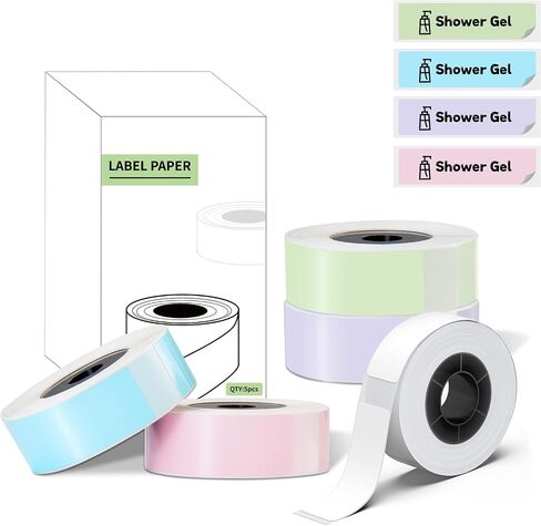 Continuous Label Taper Thermal 15mm x 7m, White/Green/Transparent/Pink/Blue, 5 Rolls, Compatible with HP3 Label Tape, HP4 Label Tape, vretti Label Maker Tape in Saudi Arabia