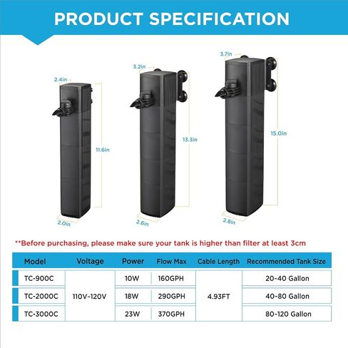 Aquarium Filter,10W Internal Filter Pump for 10-40 Gallon Fish Tank,Aquarium Internal Filter with 3 Stages of Media and Strong Suction Cups. (TC900（for 10-40 Gallon) in Saudi Arabia