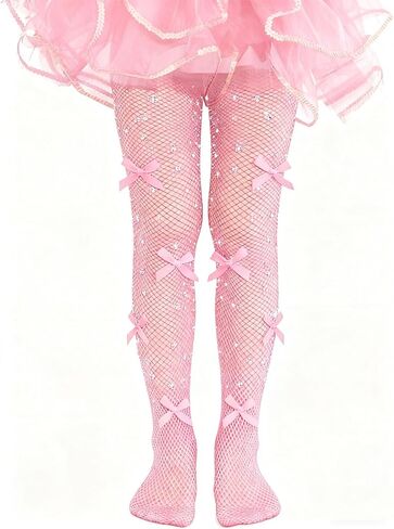Girls Rhinestone Fishnet Tights, Toddler Sparkle Mesh Stockings with Glitter Bow for Kids Halloween Dance Performance in Saudi Arabia