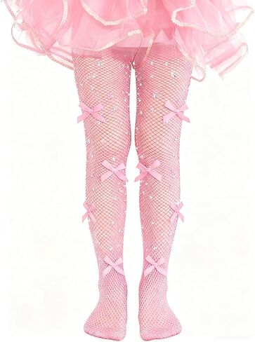Girls Rhinestone Fishnet Tights, Toddler Sparkle Mesh Stockings with Glitter Bow for Kids Halloween Dance Performance in Saudi Arabia