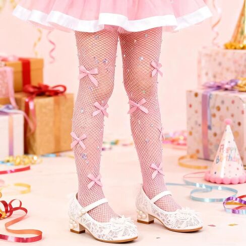 Girls Rhinestone Fishnet Tights, Toddler Sparkle Mesh Stockings with Glitter Bow for Kids Halloween Dance Performance in Saudi Arabia