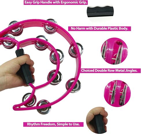 Half Moon Musical Tambourine Double Row Metal Jingles Hand Held Percussion Tambourines Musical Instrumen with Ergonomic Handle Grip for Adults Church KTV Party (Pink) in Saudi Arabia