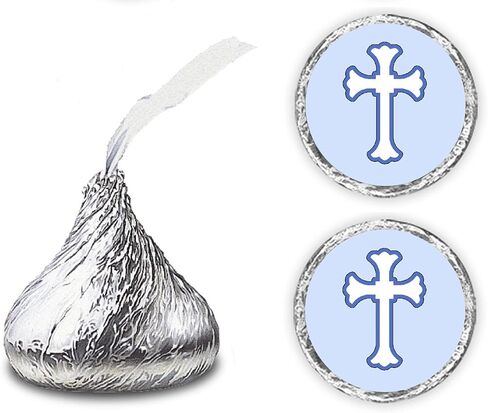 216 Blue Cross Kisses Stickers Labels - Cross for Baptism, Christening Decorations, Communion or Baby Shower, Kisses Labels Favors (Blue) Made in USA in Saudi Arabia