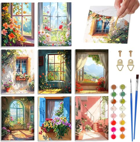 SKRYUIE 8 Pack Art Boards Set Paint by Numbers Kits for Adults Flower, Acrylic Mountain Oil Painting pre Drawn Canvas for Painting for Beginner with Brushes for Home Decor 7.87x7.87 inch / 20x20 in Saudi Arabia