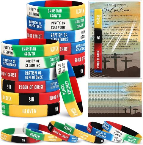 100 Sets Christian Gifts Bulk Salvation Bracelets with Plan of Salvation Cards Religious Silicone Bracelets Christian Bookmarks Gospel Tracts Roman Road to Church Teaching Kit in Kuwait