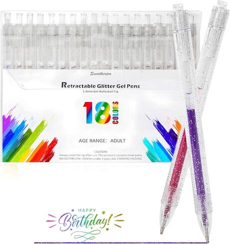 SMOOTHERPRO Glitter Retractable Gel Pens 18 Colors Metallic Colored Gel Pen 1.0 mm Bold Silver Glitter Gel Ink for Adults Coloring Journaling Drawing Doodling (GRP018N) in Kuwait