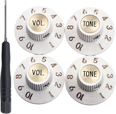 Set of 4 Witch Hat Knobs with Set Screw Guitar Bass Knobs 2 Volume 2 Tone Silver Gold Reflector and Screws Black Silver White for 72 Telecaster Custom or Guitar Amplifiers (White Gold) in Saudi Arabia