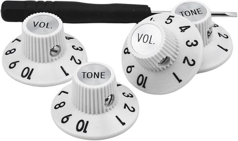 Set of 4 Witch Hat Knobs with Set Screw Guitar Bass Knobs 2 Volume 2 Tone Silver Gold Reflector and Screws Black Silver White for 72 Telecaster Custom or Guitar Amplifiers (White Gold) in Saudi Arabia