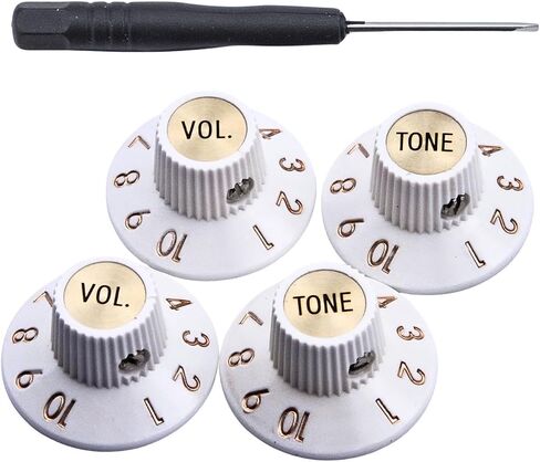 Set of 4 Witch Hat Knobs with Set Screw Guitar Bass Knobs 2 Volume 2 Tone Silver Gold Reflector and Screws Black Silver White for 72 Telecaster Custom or Guitar Amplifiers (White Gold) in Saudi Arabia