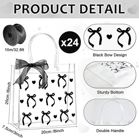 Qoubai 24pcs القوس الوردي واضحة أكياس الهدايا PVC مع مقابض الشريط Bowknot Bulk Coquette Bow Goodie Treat in Kuwait
