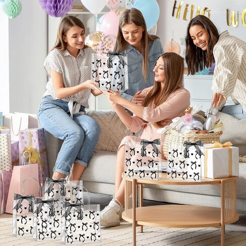 Qoubai 24pcs القوس الوردي واضحة أكياس الهدايا PVC مع مقابض الشريط Bowknot Bulk Coquette Bow Goodie Treat in Kuwait