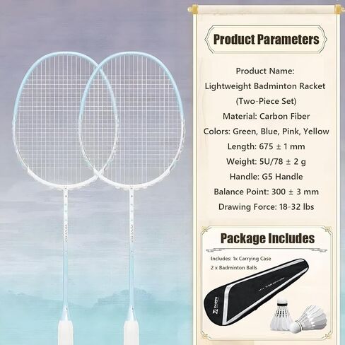Badminton Rackets Set,Professional-Grade Full Carbon Fiber 5U Ultra-Light and Durable Double Racket,Balanced Offense and Defense,Including 2 Rackets,2 Shuttlecocks,1 Bag in Saudi Arabia