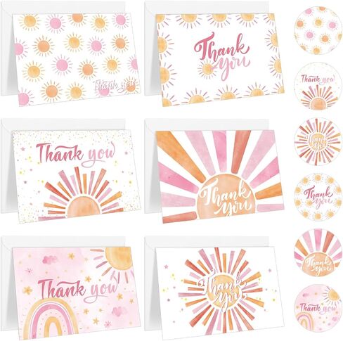 Whaline 30 Packs Boho Sun Thank You Cards Retro Sunshine Greeting Cards with Envelopes and Stickers Here Comes the Son Blank Note Cards for Baby Shower Birthday Party Supplies in Saudi Arabia
