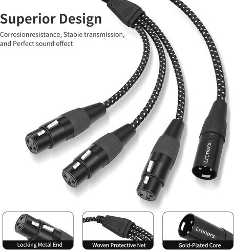 كابل مقسم XLR ذكر إلى 3 أنثى بطول 2 قدم - مجدول Y معدني عالي التحمل، مقبض غير قابل للانزلاق، توزيع صوتي ثلاثي الاتجاهات للخلاطات/الميكروفونات/PA in Kuwait