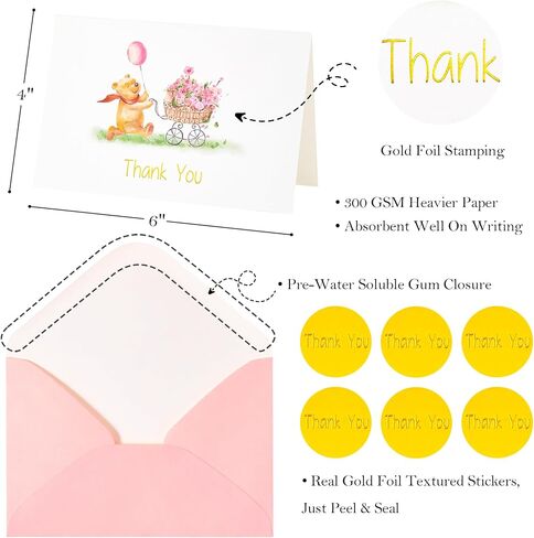 Crisky Baby Shower Blue Gold Foil Thank You Cards with Envelopes 50 Pack Greeting Notes Bulk (Cute Bear with Baby Carriage) in Kuwait