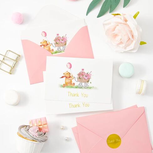 Crisky Baby Shower Blue Gold Foil Thank You Cards with Envelopes 50 Pack Greeting Notes Bulk (Cute Bear with Baby Carriage) in Kuwait