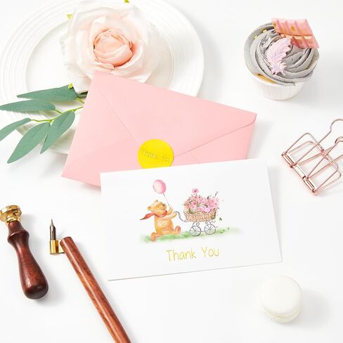Crisky Baby Shower Blue Gold Foil Thank You Cards with Envelopes 50 Pack Greeting Notes Bulk (Cute Bear with Baby Carriage) in Kuwait
