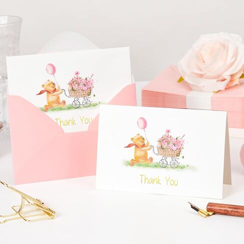 Crisky Baby Shower Blue Gold Foil Thank You Cards with Envelopes 50 Pack Greeting Notes Bulk (Cute Bear with Baby Carriage) in Kuwait