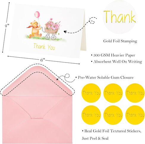 Crisky Baby Shower Blue Gold Foil Thank You Cards with Envelopes 50 Pack Greeting Notes Bulk (Cute Bear with Baby Carriage) in Kuwait