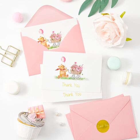 Crisky Baby Shower Blue Gold Foil Thank You Cards with Envelopes 50 Pack Greeting Notes Bulk (Cute Bear with Baby Carriage) in Kuwait